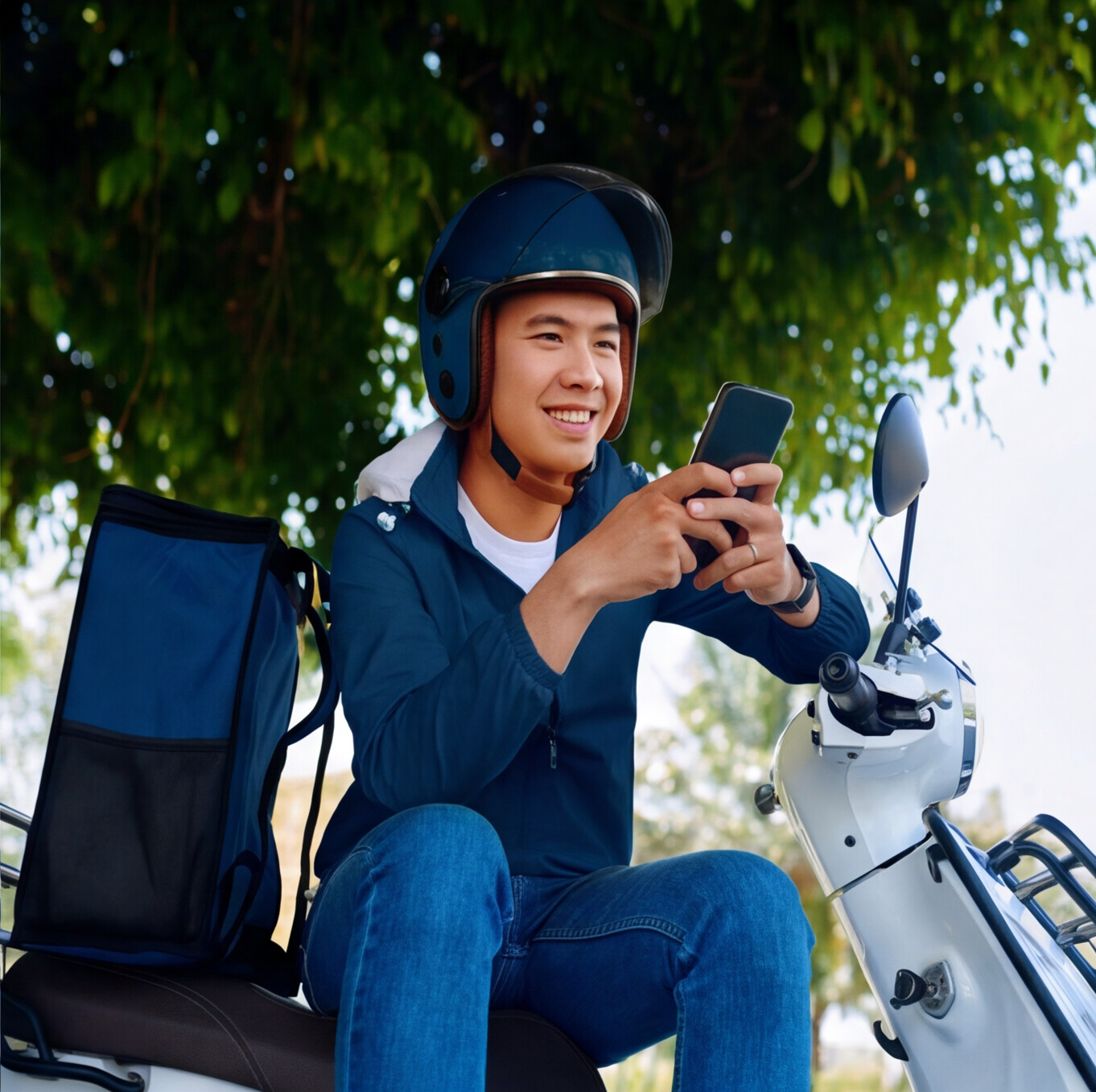 Motorizado NVO revisando su celular sobre su moto
